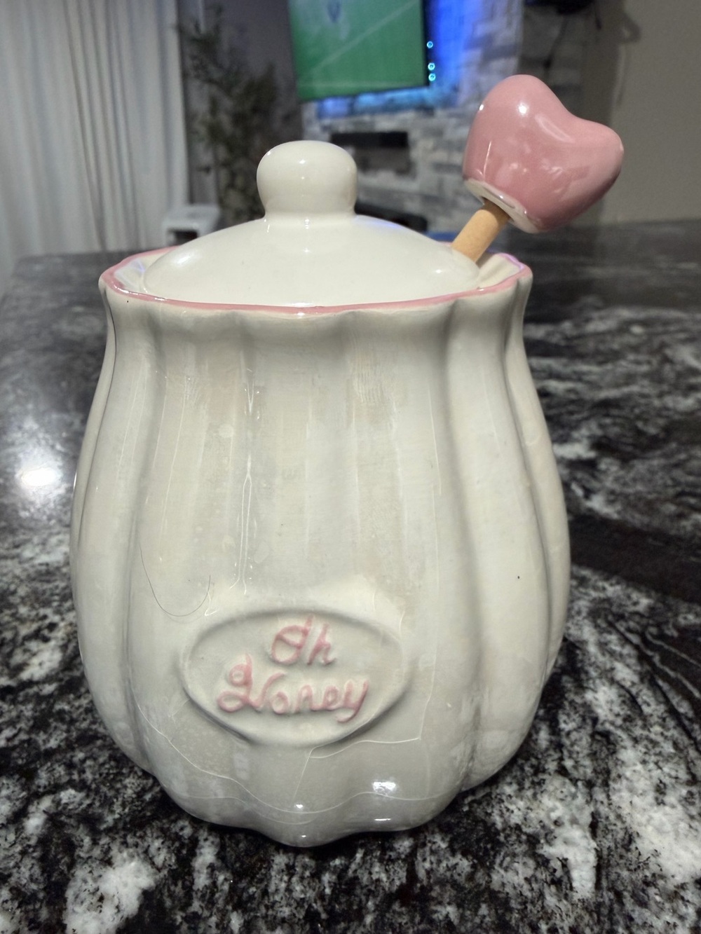 “Oh Honey" white ceramic honey pot
